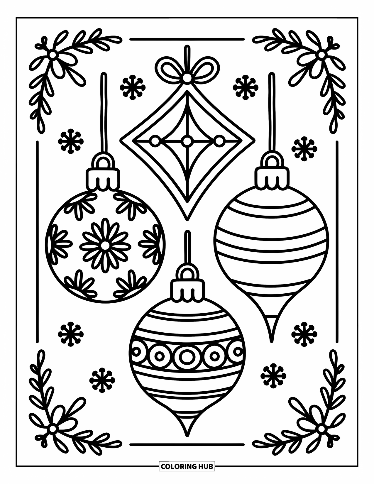 Ornament Coloring Page for Adults: A framed trio of ornaments features floral, ribbon, and geometric patterns with cozy flair