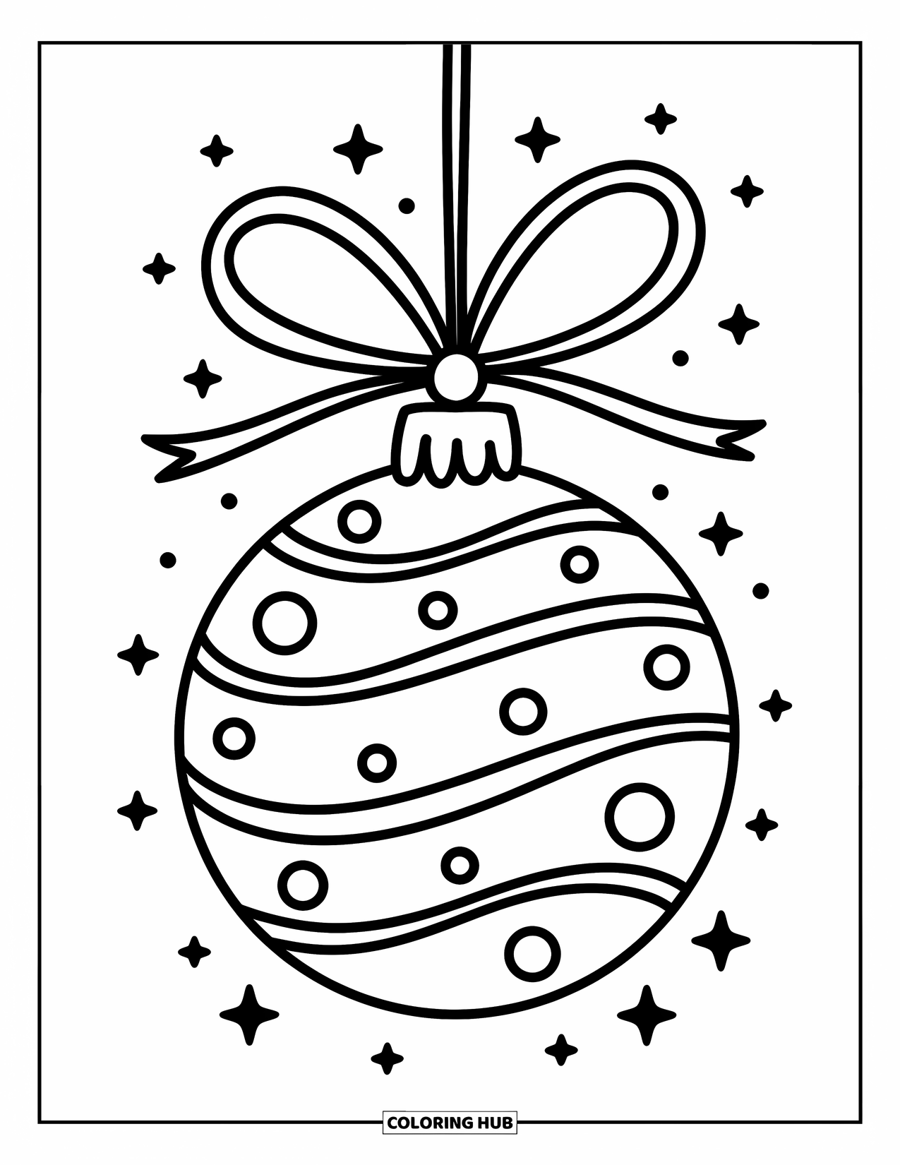 Ornament Coloring Page for Adults: A large ornament with swirls and dots is wrapped with a big ribbon bow on top