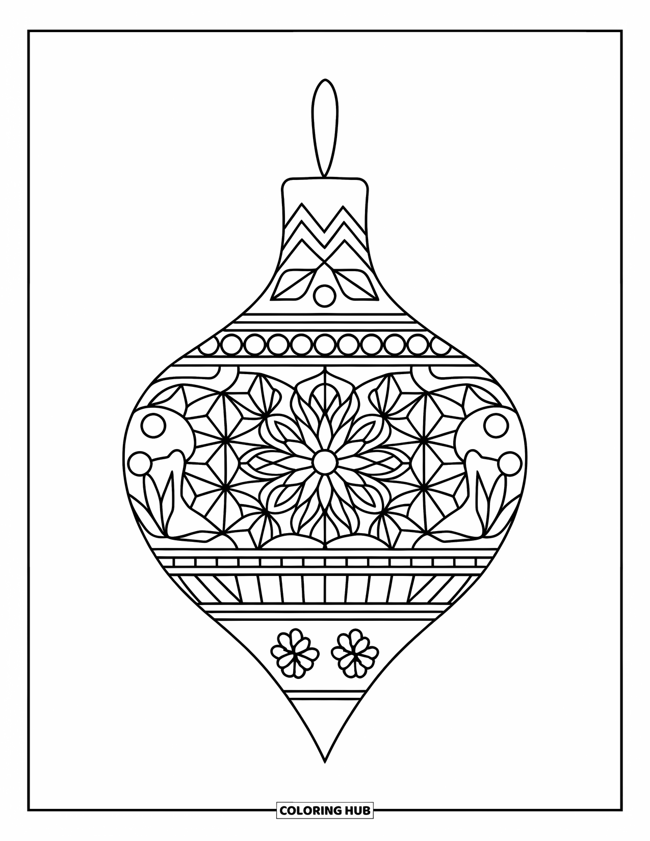 Ornament Coloring Page for Adults: A long pendant ornament features mosaic-like patterns from top to bottom