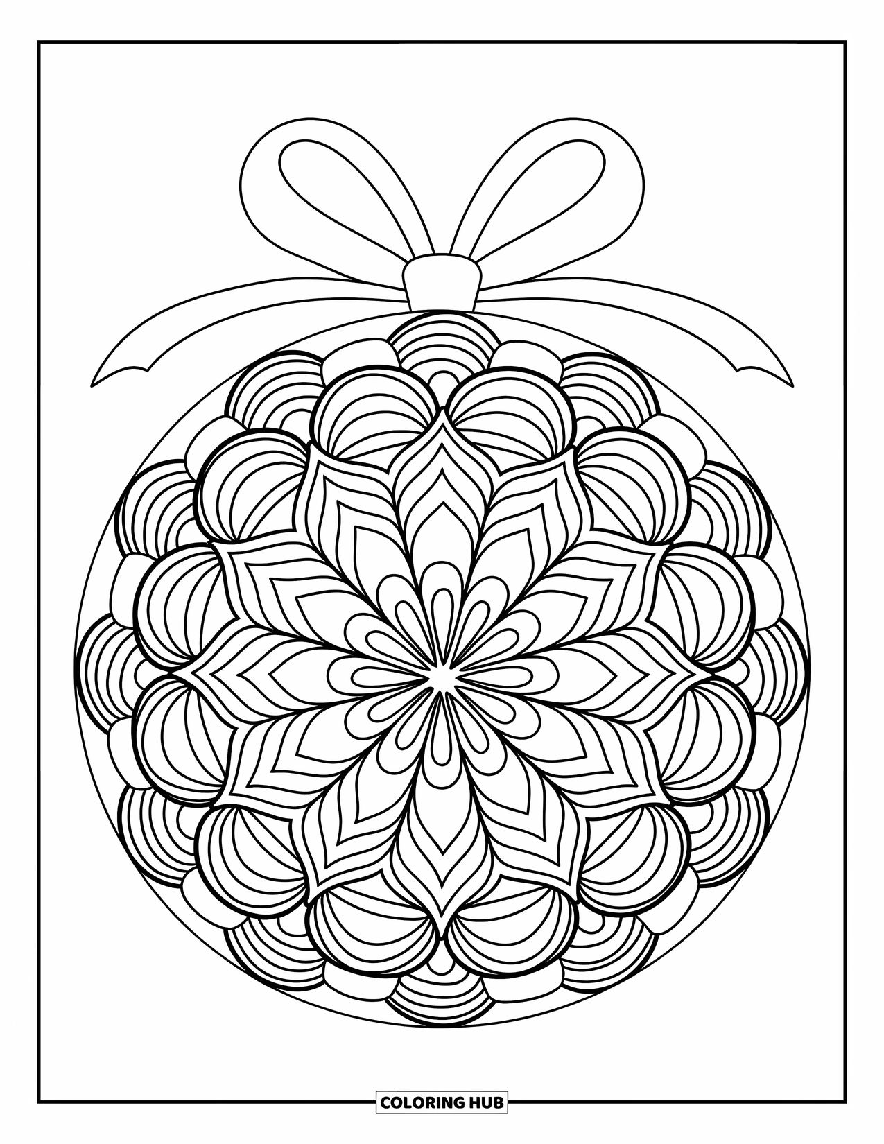 Ornament Coloring Page for Adults: A mandala-filled ornament with petal patterns hangs beneath a ribbon