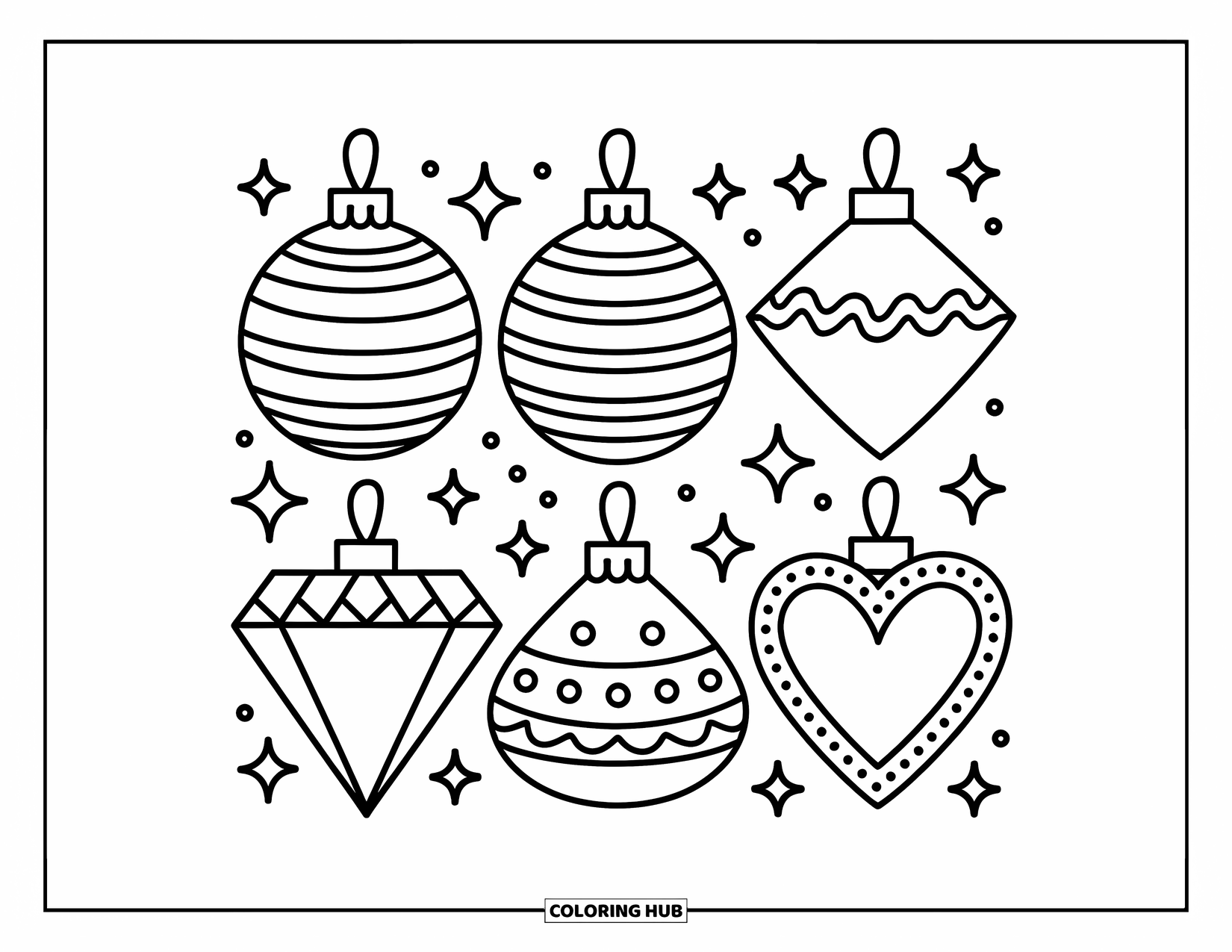 Ornament Coloring Page for Adults: A neat grid of heart, round, diamond, and teardrop ornaments sparkles with cozy charm