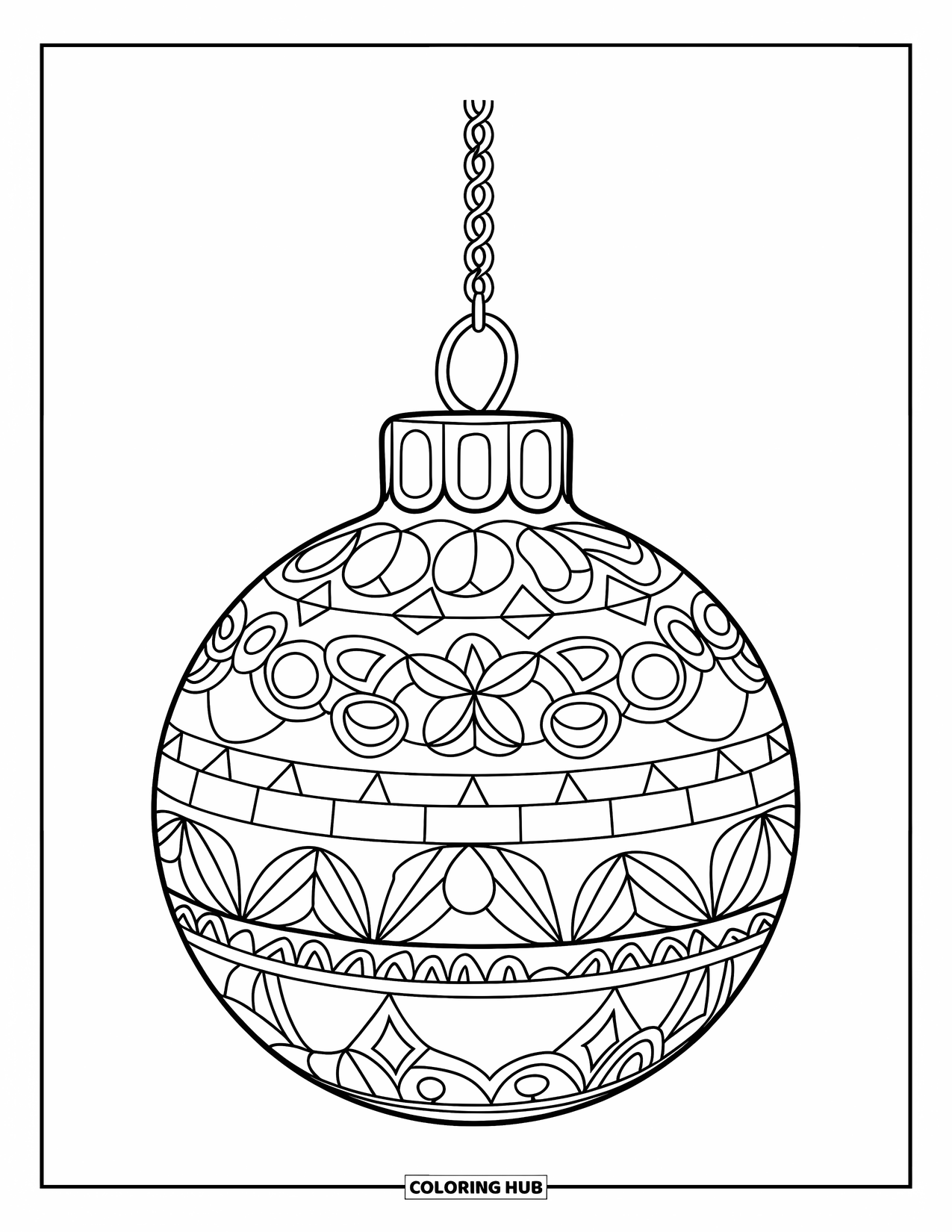 Ornament Coloring Page for Adults: A pendant ornament with mosaic patterns hangs from a chain in a cozy setup