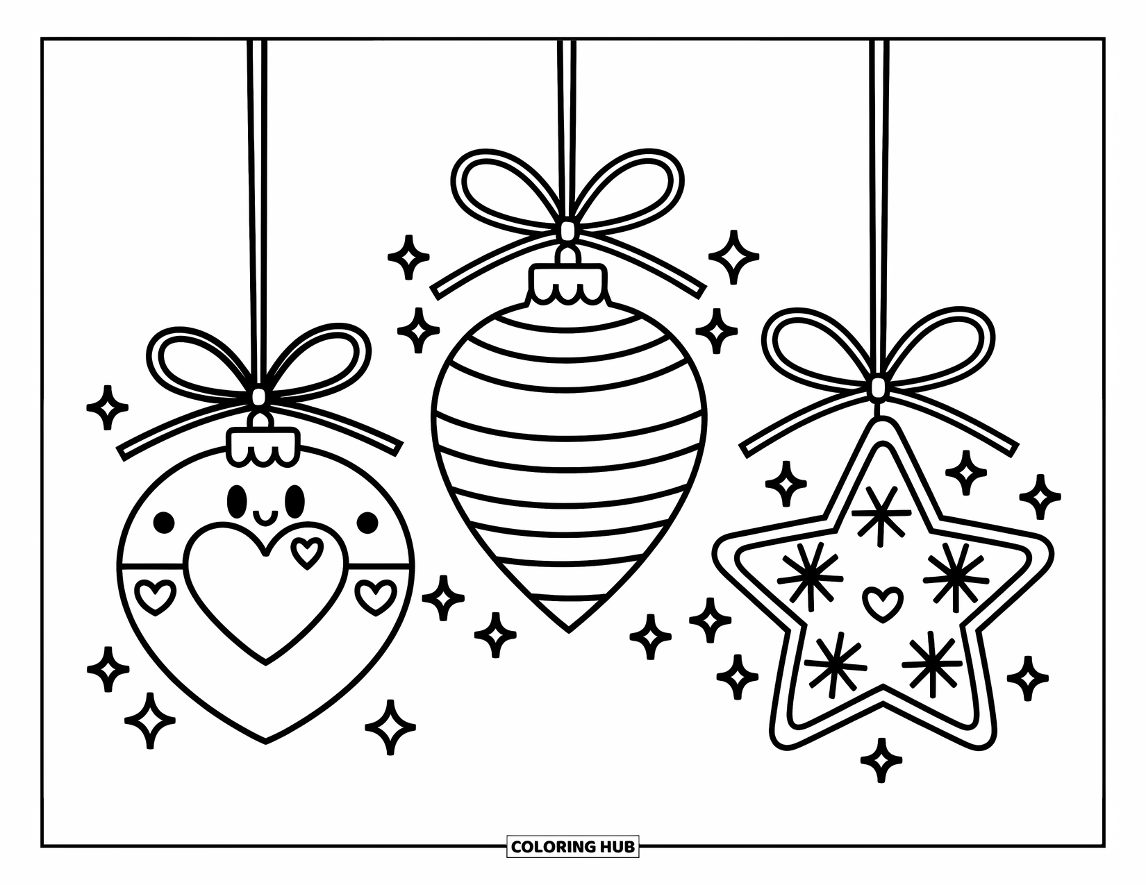 Ornament Coloring Page for Adults: A round, a bell, and a star ornament hang together with bows and festive sparkle