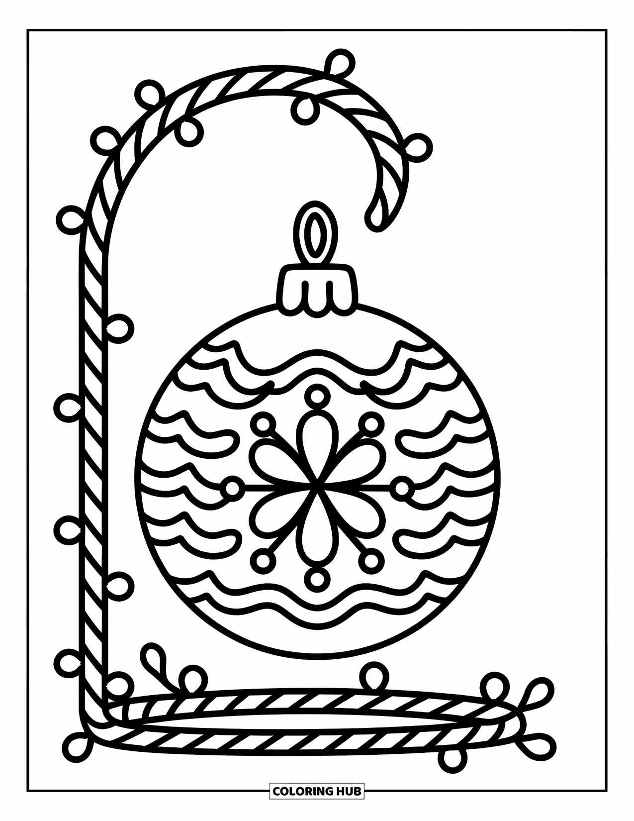 Ornament Coloring Page for Adults: A round ornament hangs from a candy cane hook, decorated with floral and starburst details
