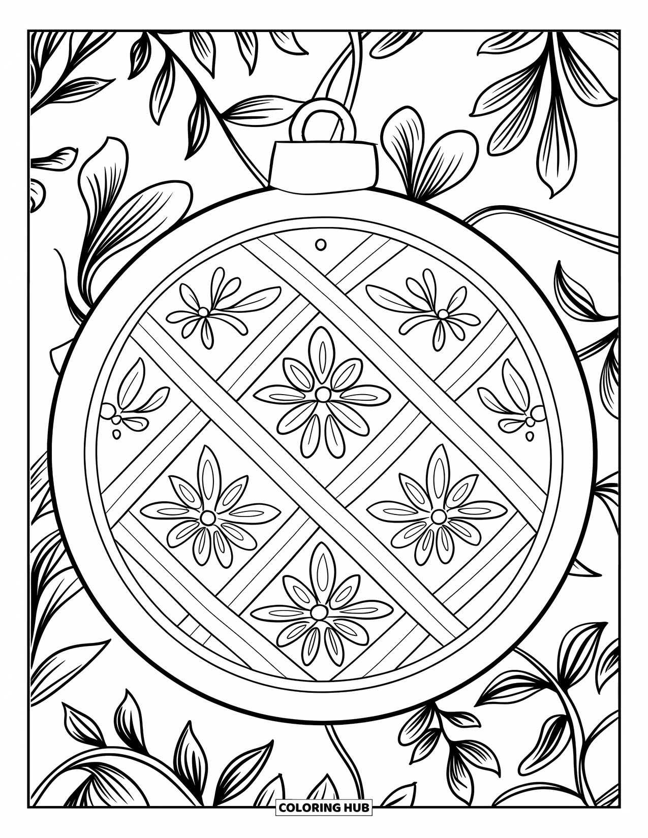 Ornament Coloring Page for Adults: A round ornament with floral lattice sits on a soft, flower-patterned backdrop