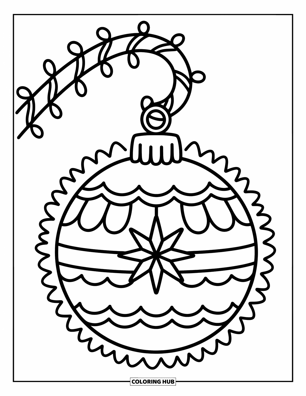 Ornament Coloring Page for Adults: A round ornament with layered designs hangs sweetly from a candy cane hook