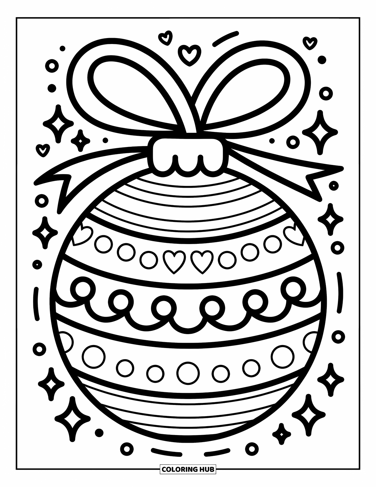 Ornament Coloring Page for Adults: A round ornament with soft designs sits under a loose bow and floating sparkles