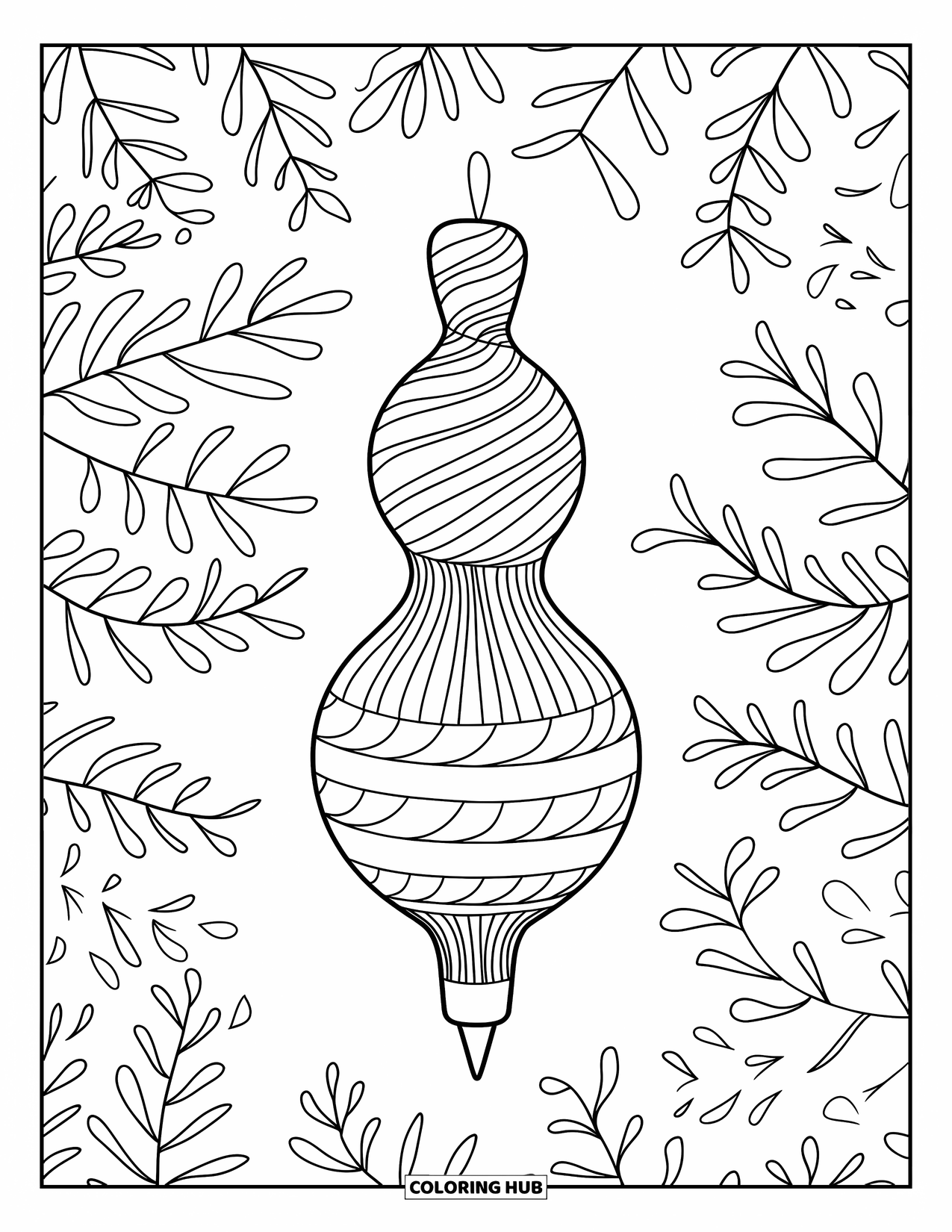 Ornament Coloring Page for Adults: A scalloped twist ornament stands out on a soft, cozy backdrop