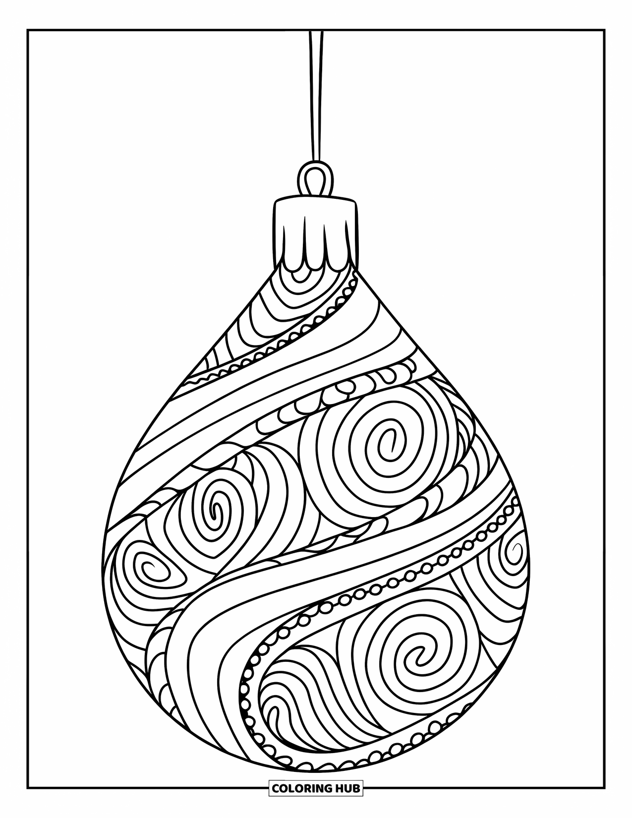 Ornament Coloring Page for Adults: A spiral-patterned teardrop ornament hangs sweetly from a string