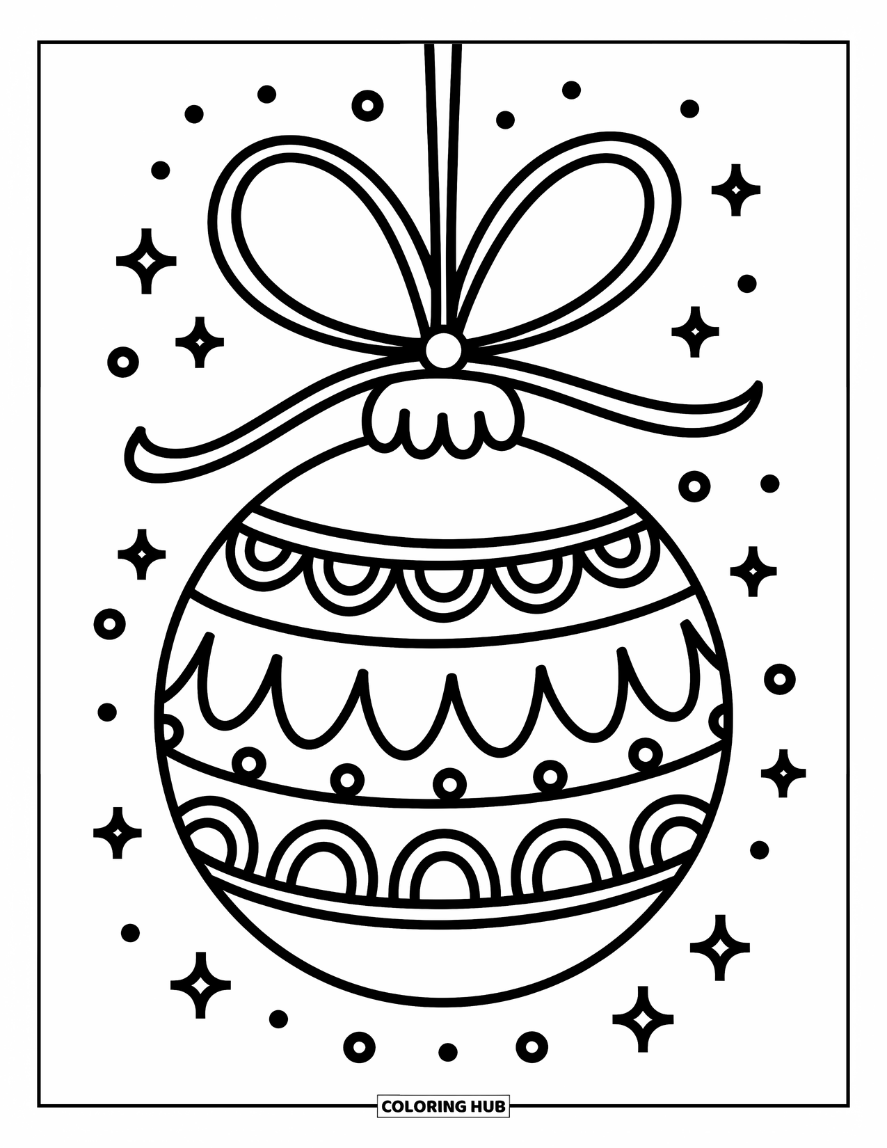 Ornament Coloring Page for Adults: A swirly ornament is framed by a curling ribbon and scattered sparkles