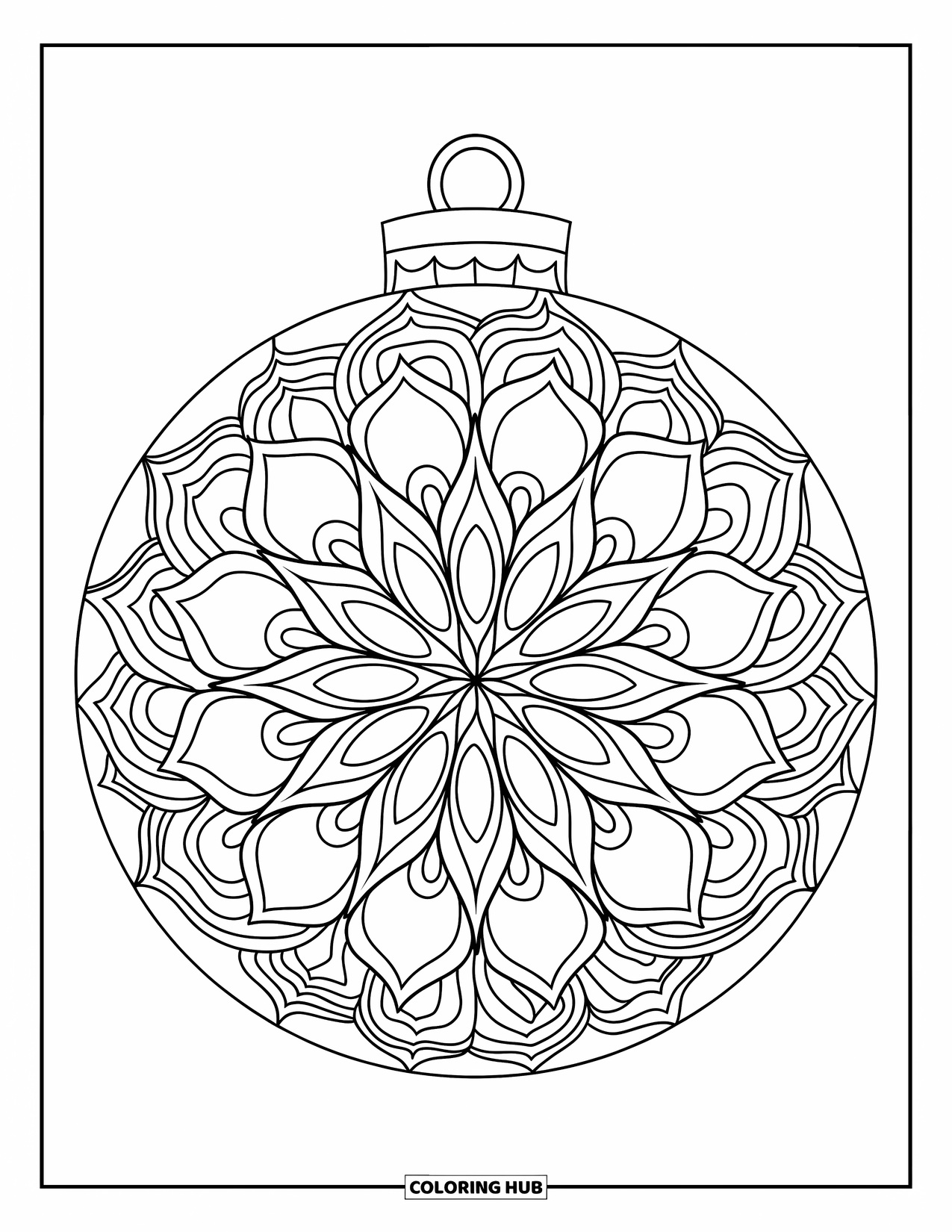 Ornament Coloring Page for Adults: An ornament filled with detailed mandala patterns sits against a clean background