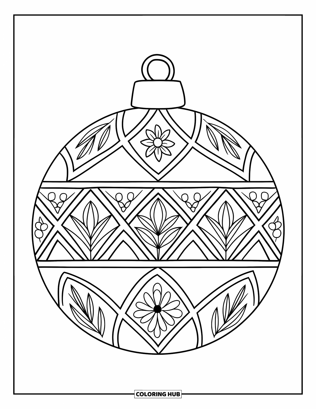 Ornament Coloring Page for Adults: An ornament with floral lattice details sits centered against a plain background