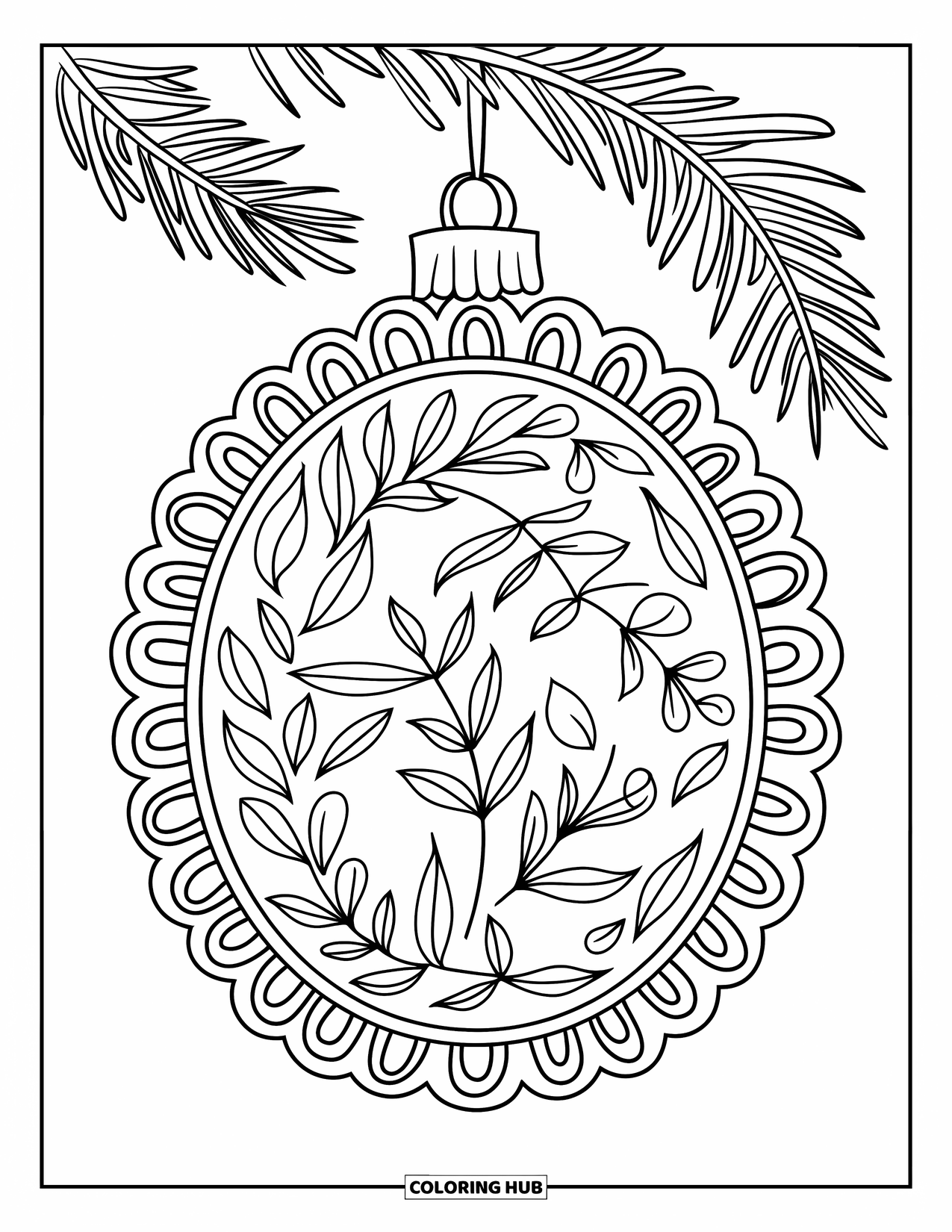 Ornament Coloring Page for Adults: An oval ornament with leafy flourishes hangs from a branch in a lacy frame