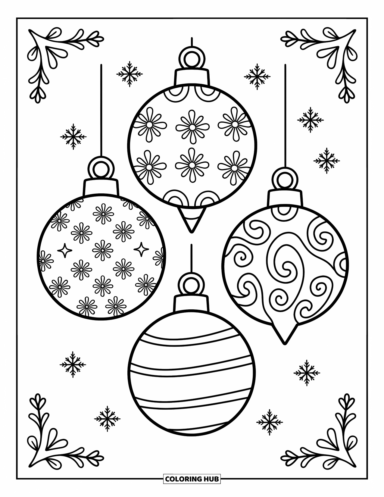 Ornament Coloring Page for Adults: Floral, geometric, and ribbon ornaments sit in a rounded frame with snowflakes and flourishes