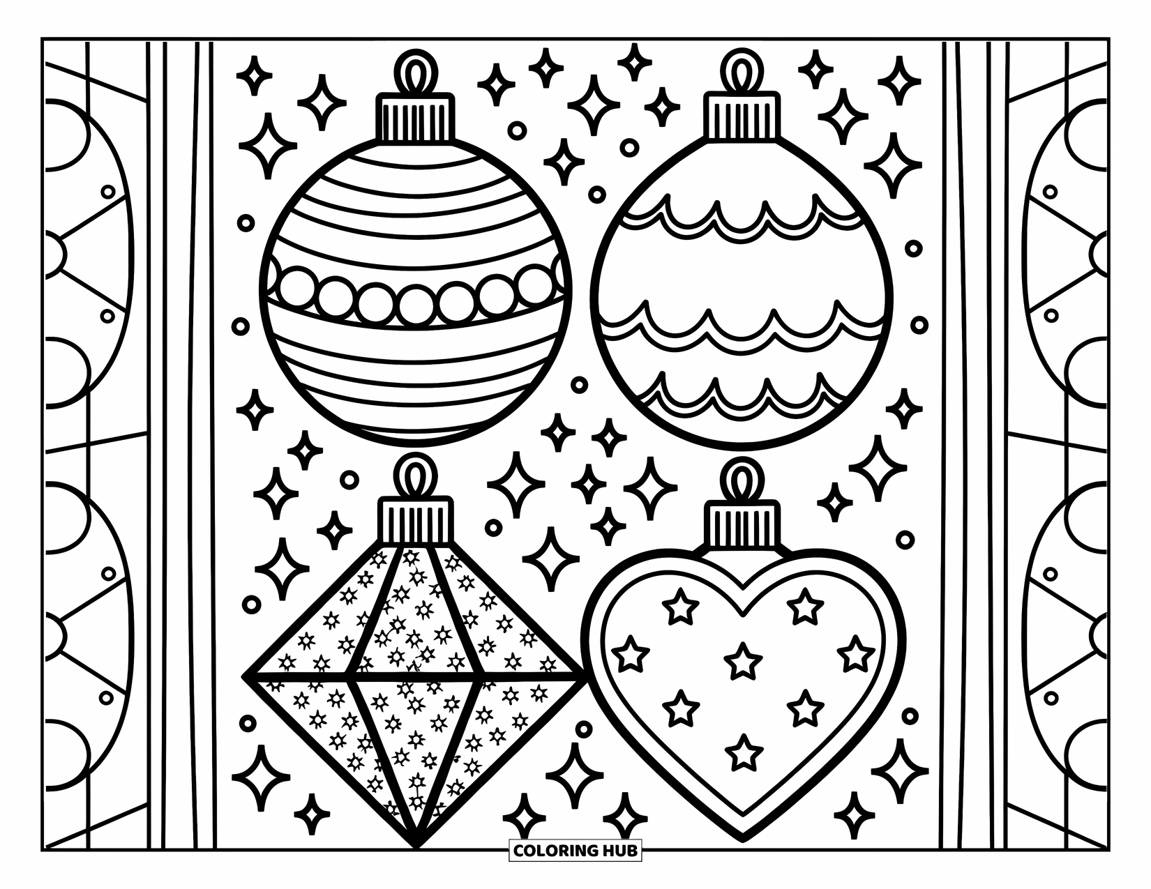 Ornament Coloring Page for Adults: Four sweet ornaments-round, teardrop, diamond, and heart-float in a cozy grid of sparkles