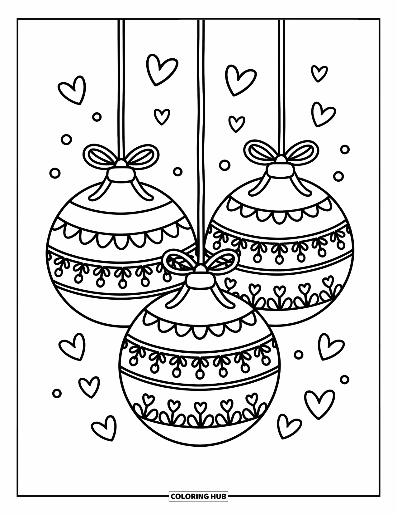Ornament Coloring Page for Adults: Lacy round ornaments sit side by side, topped with bows and surrounded by hearts and dots