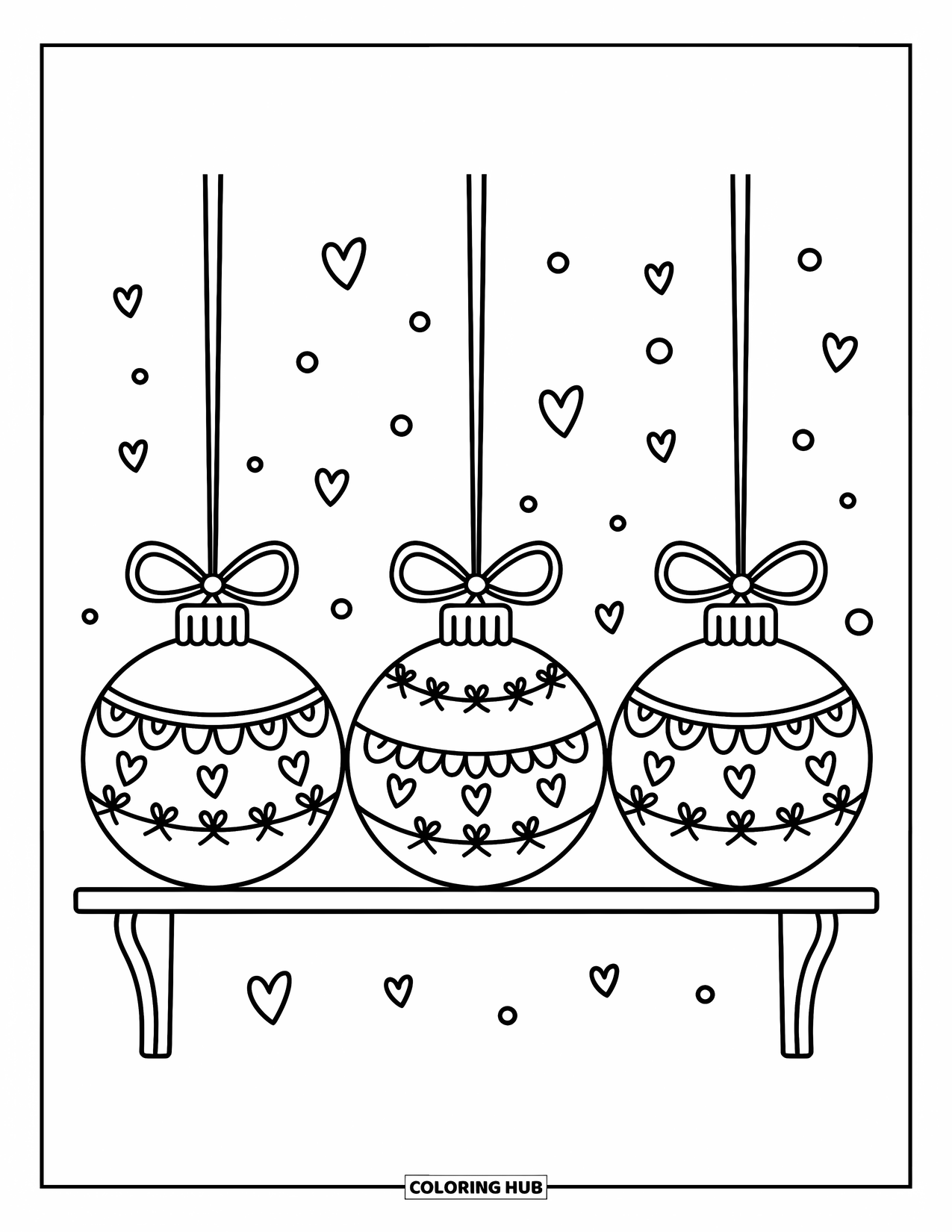 Ornament Coloring Page for Adults: Ornaments with delicate patterns sit on a shelf under bows and drifting hearts