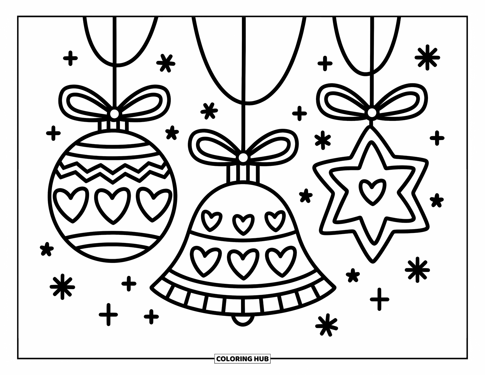 Ornament Coloring Page for Adults: Three hanging ornaments with fun patterns float among twinkly dots and cozy charm