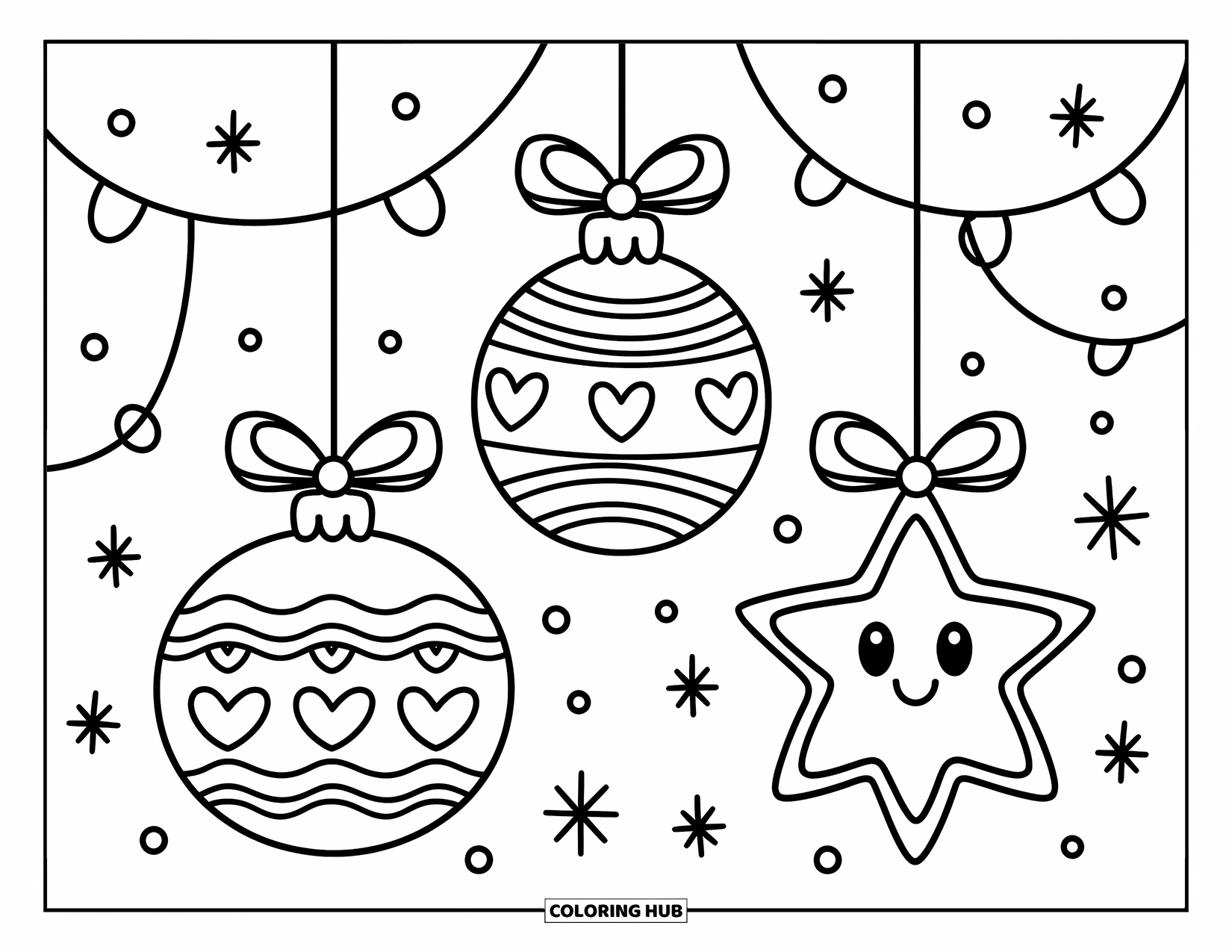 Ornament Coloring Page for Adults: Three ornaments with hearts, stripes, and snowflakes dangle playfully with sparkles all around