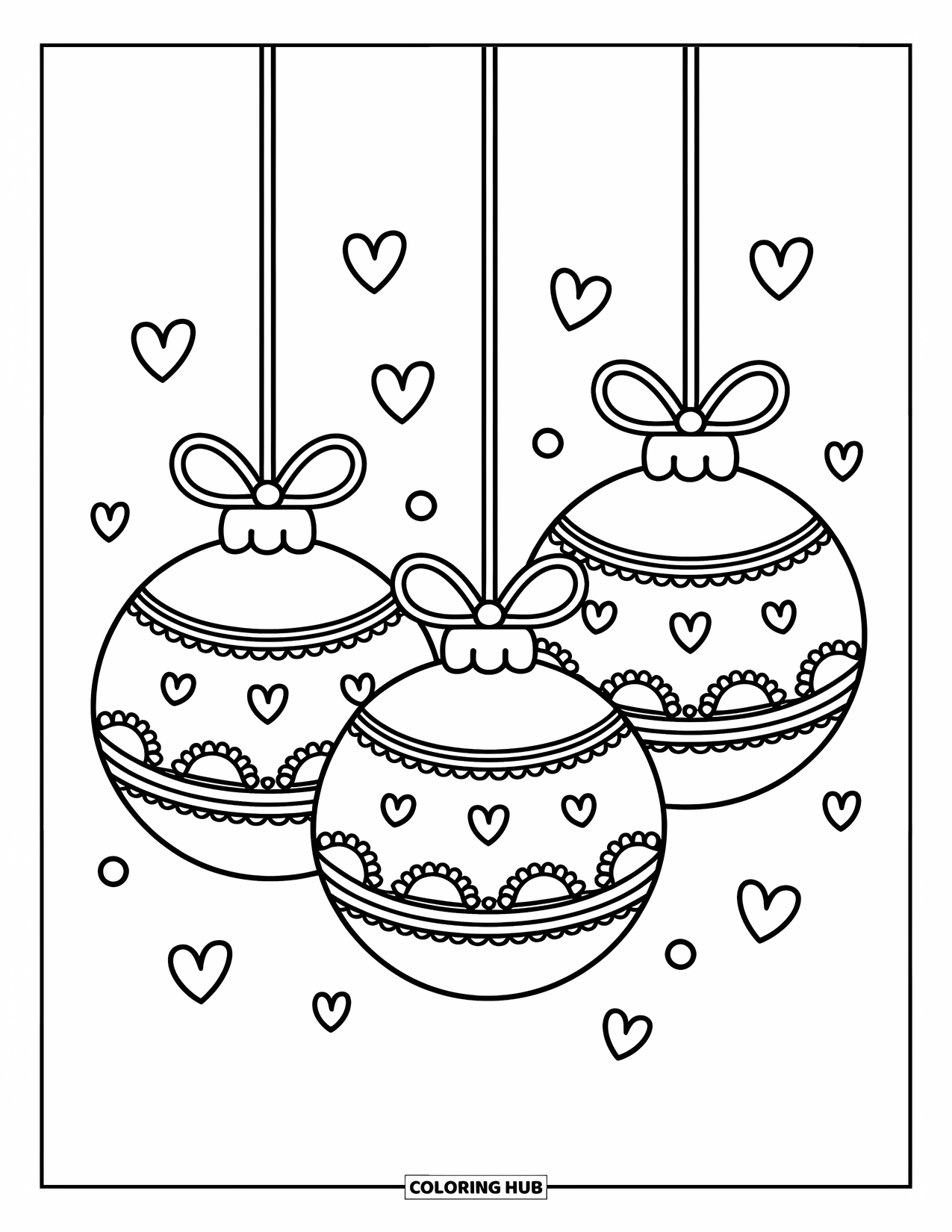 Ornament Coloring Page for Adults: Three round ornaments with lace-like patterns rest under strings and floating hearts