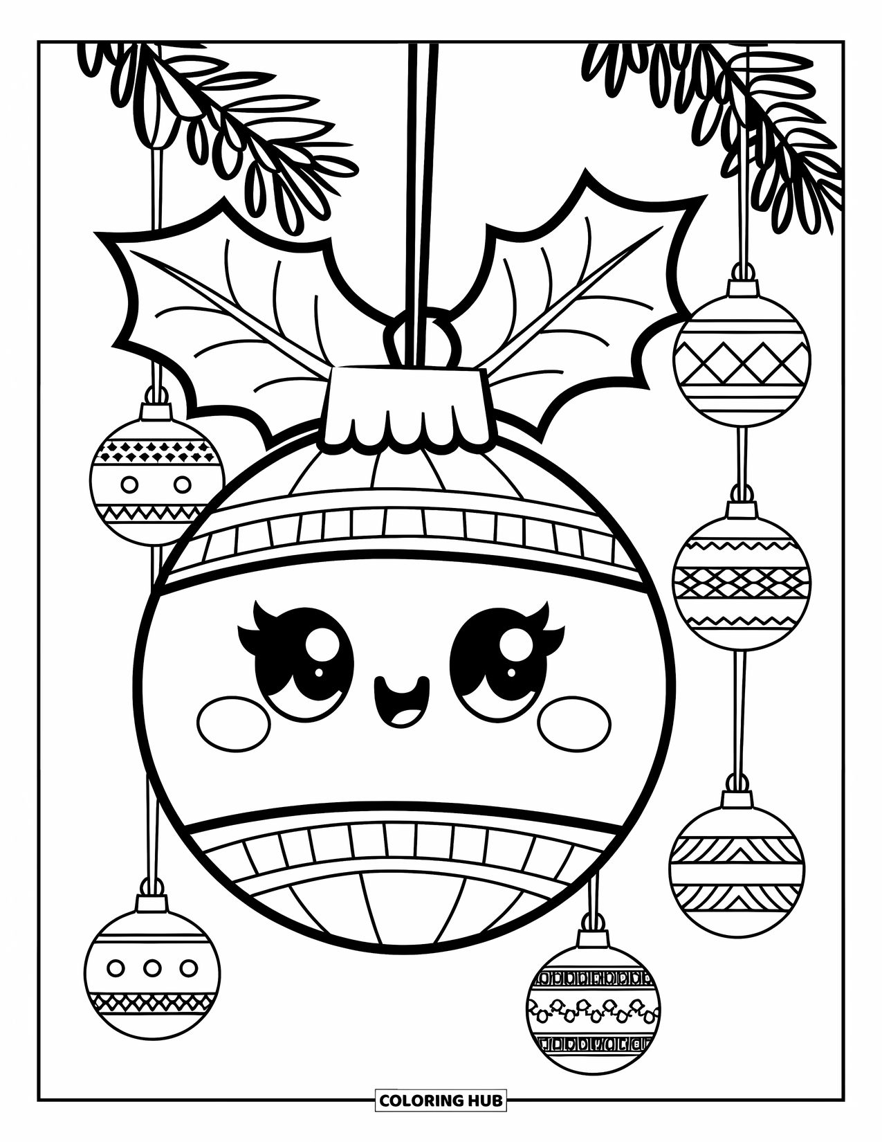 Ornament Coloring Page for Kids: Bell ornament with holly leaves hangs above cute patterned baubles