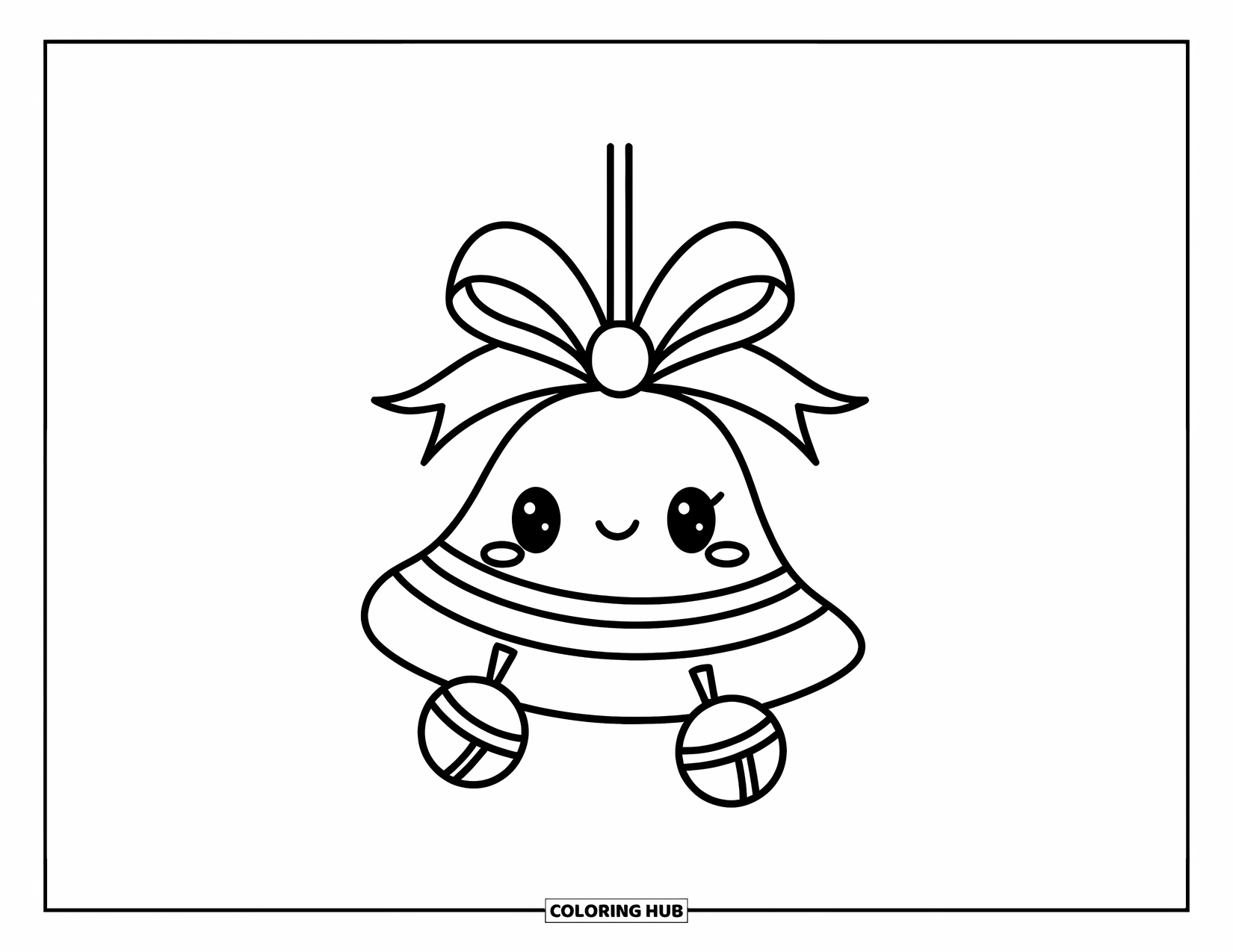 Ornament Coloring Page for Kids: Bell ornament with ribbon bow and jingles swings from a branch