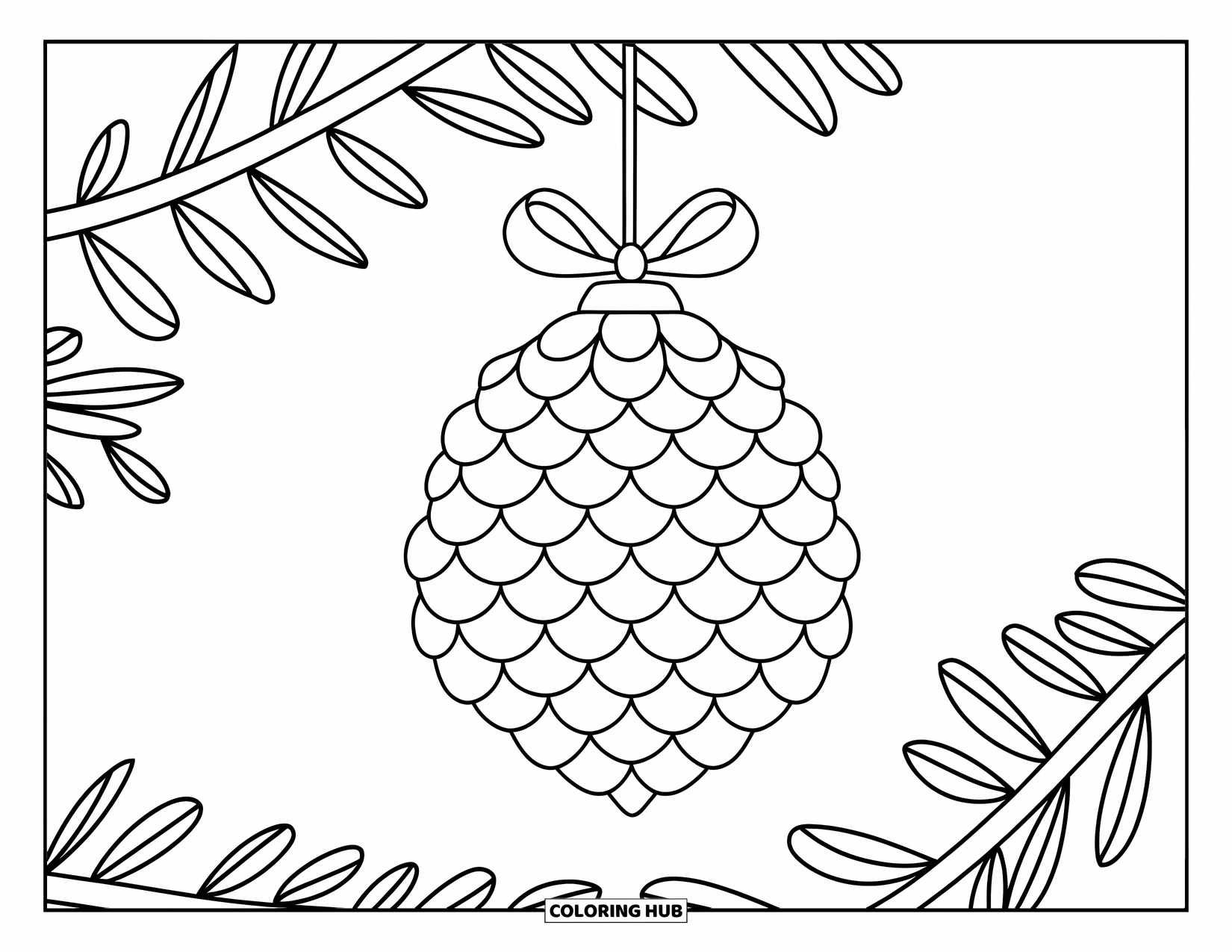 Ornament Coloring Page for Kids: Chubby pinecone ornament with ribbon and leafy branch detail