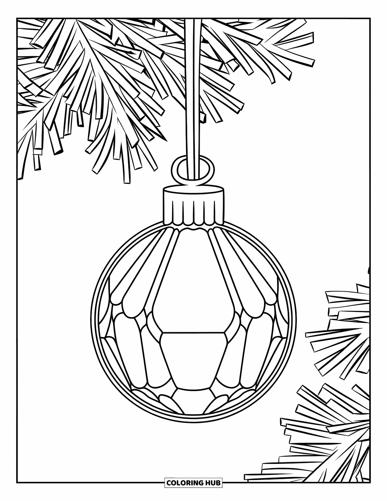 Ornament Coloring Page for Kids: Crystal droplet ornament with thick borders dangles from a round branch