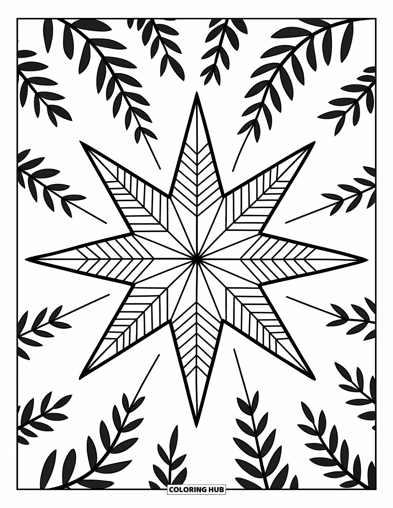 Ornament Coloring Page for Kids: Cute starburst ornament rests on a leafy branch with cozy details