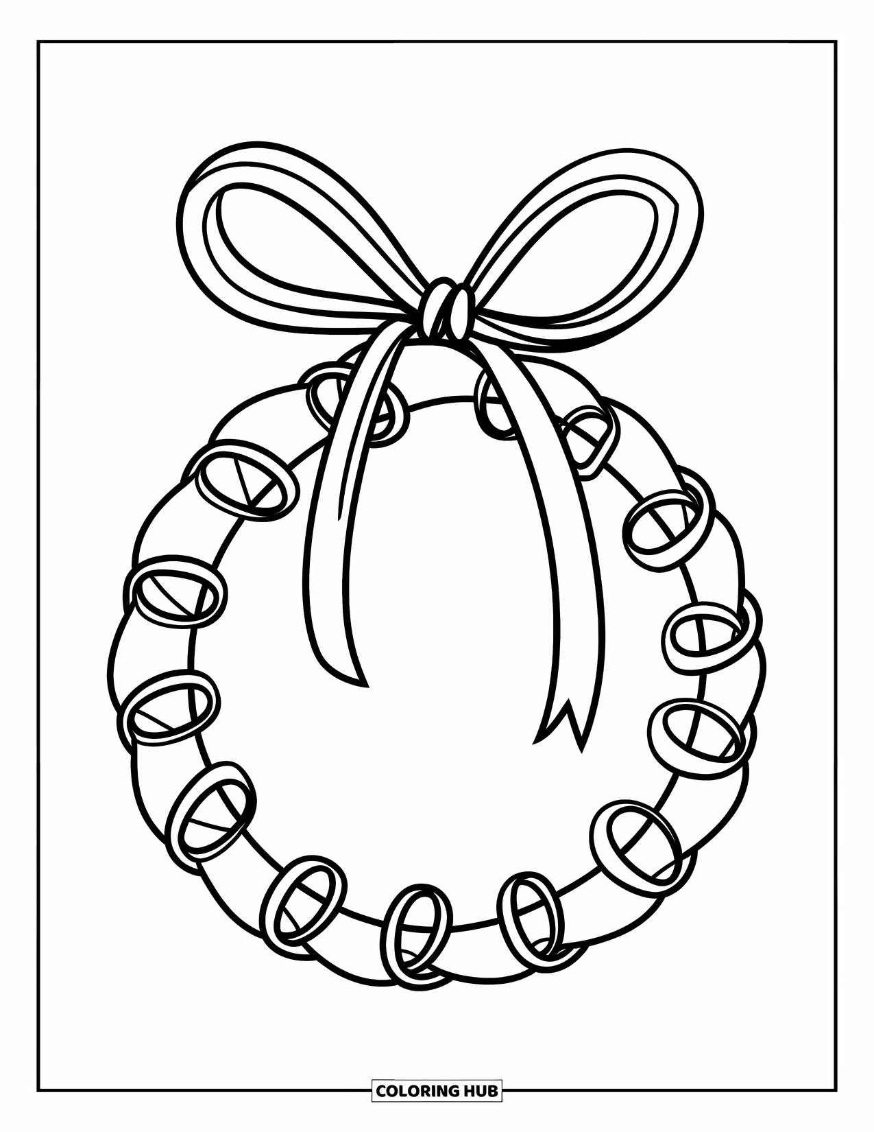 Ornament Coloring Page for Kids: Looped ribbon ornament with a bow curls neatly on a clean white page