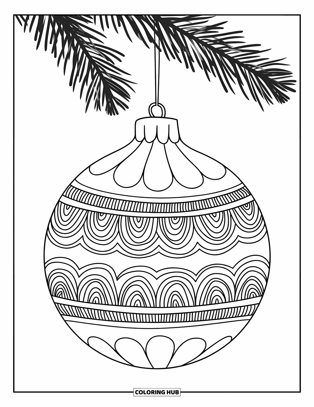 Ornament Coloring Page for Kids: Onion-shaped ornament with three patterned rings hangs from a branch