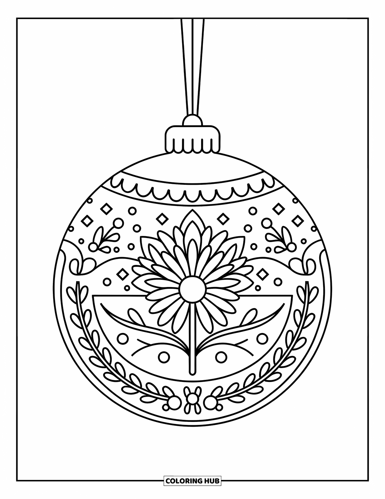 Ornament Coloring Page for Kids: Ornament with a floral center and vine trim hangs from a branch