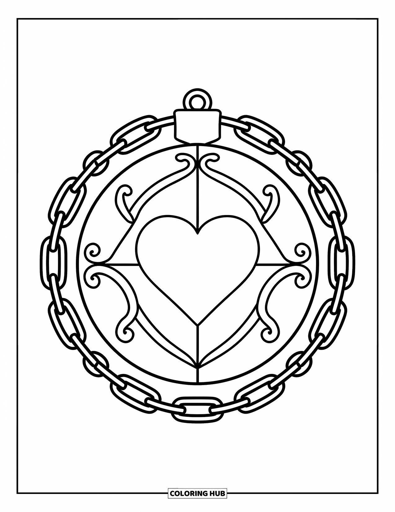 Ornament Coloring Page for Kids: Ornament with a heart and curved lines hangs from a circular chain