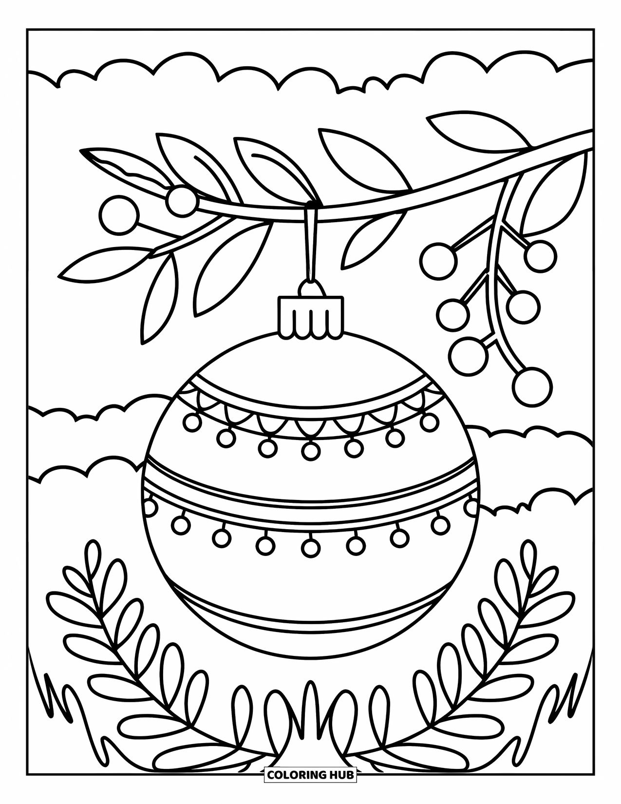 Ornament Coloring Page for Kids: Ornament with bells hangs near leaves, berries, and sky clouds