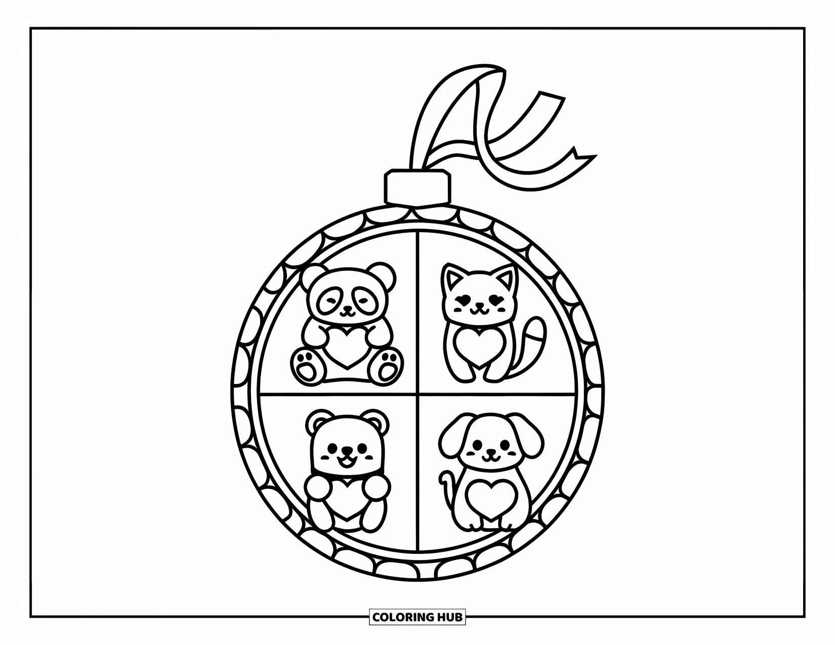 Ornament Coloring Page for Kids: Ornament with panda, cat, bear, and dog in four heart-themed sections