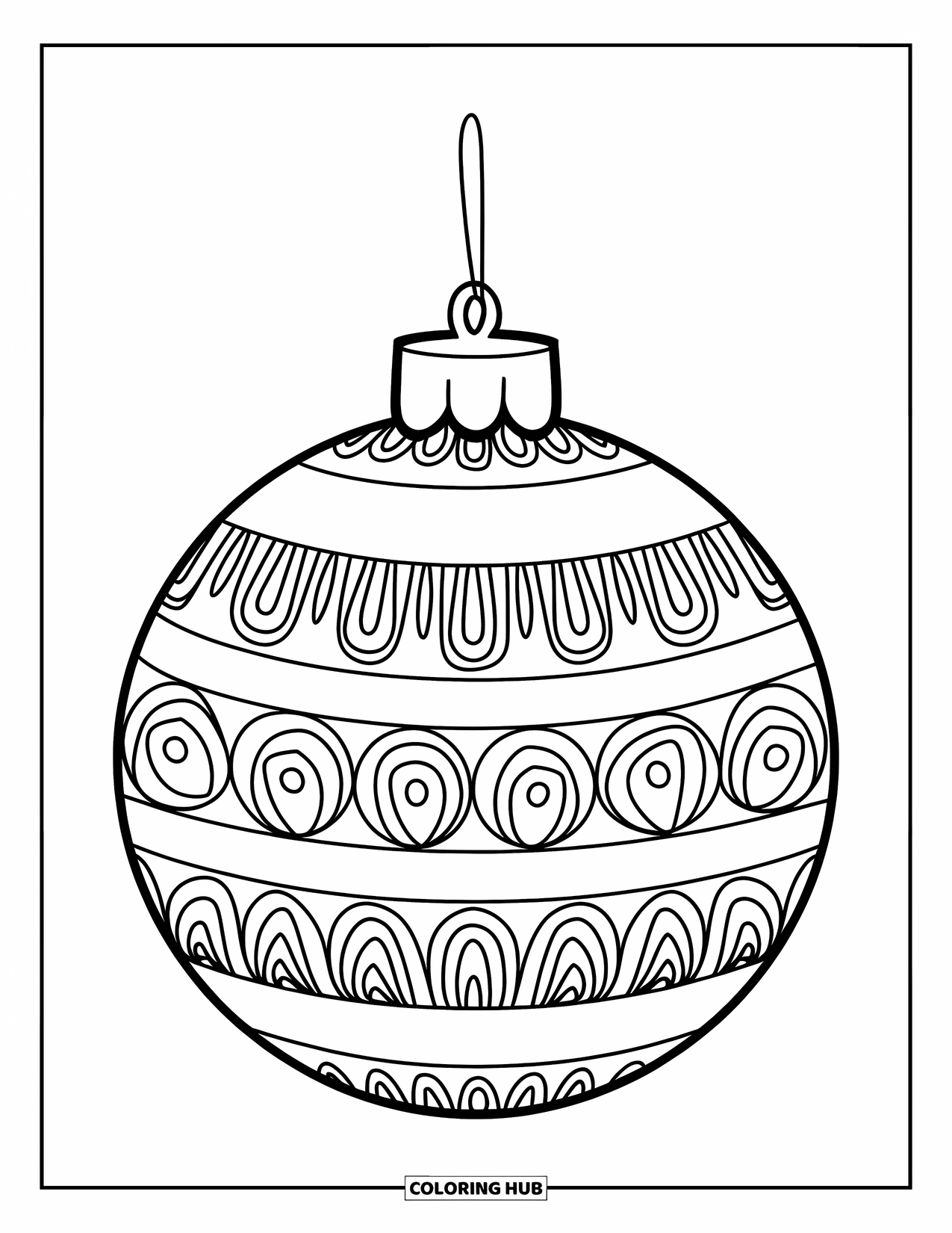 Ornament Coloring Page for Kids: Patterned onion ornament dangles gently from a string