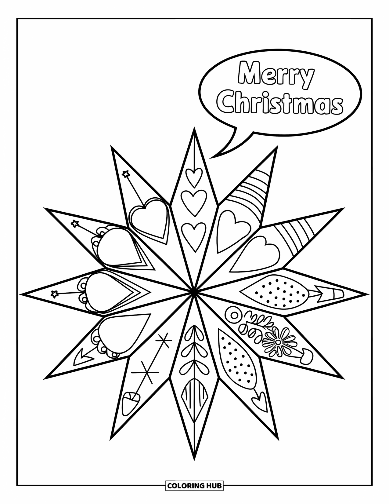 Ornament Coloring Page for Kids: Patterned starburst ornament with a "Merry Christmas" bubble