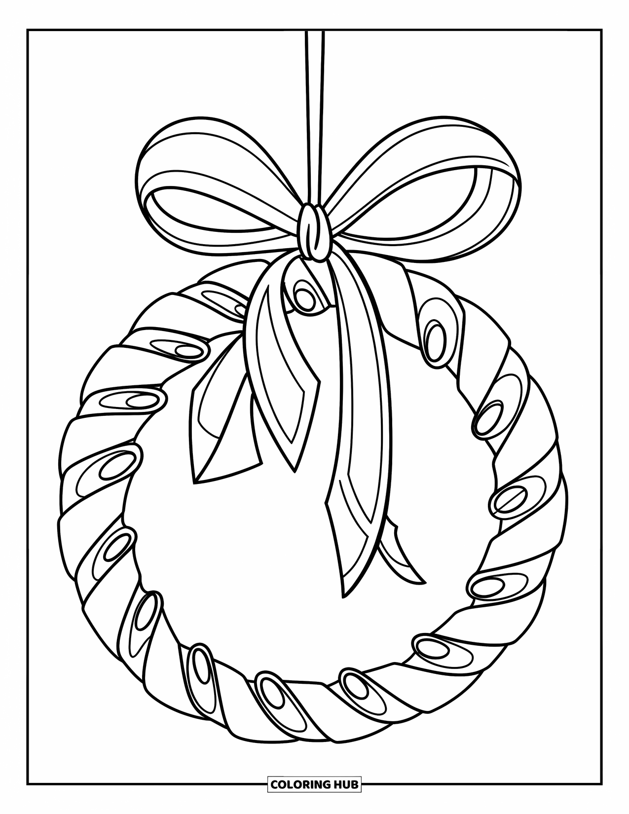 Ornament Coloring Page for Kids: Ribbon ornament twists into a circle with tiny curls and hangs from a branch