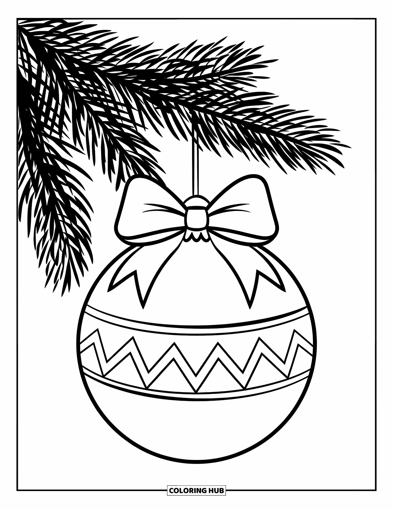 Ornament Coloring Page for Kids: Round ornament with big bow and zigzag stripe sits on a Christmas branch