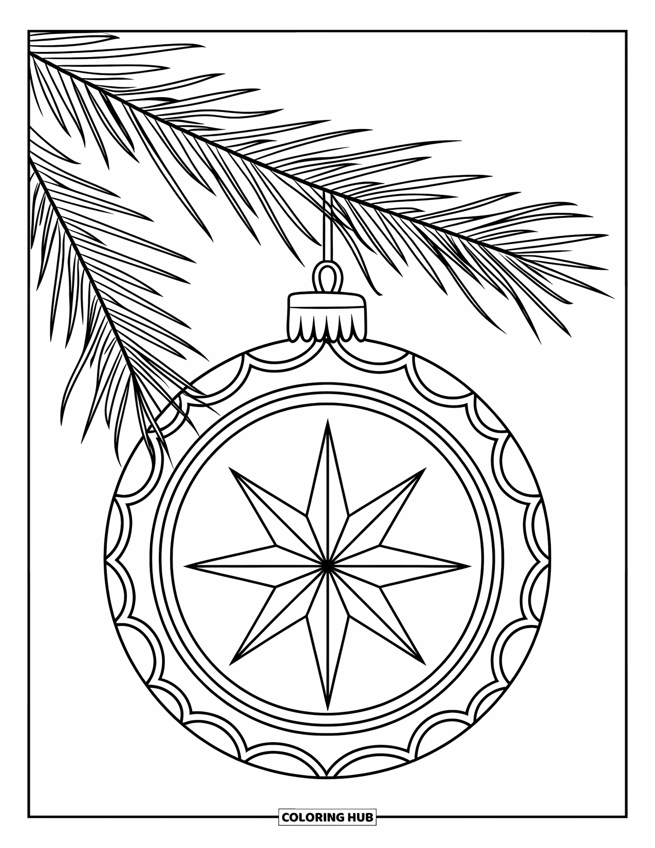 Ornament Coloring Page for Kids: Round ornament with scalloped edge and starburst center hangs from a branch