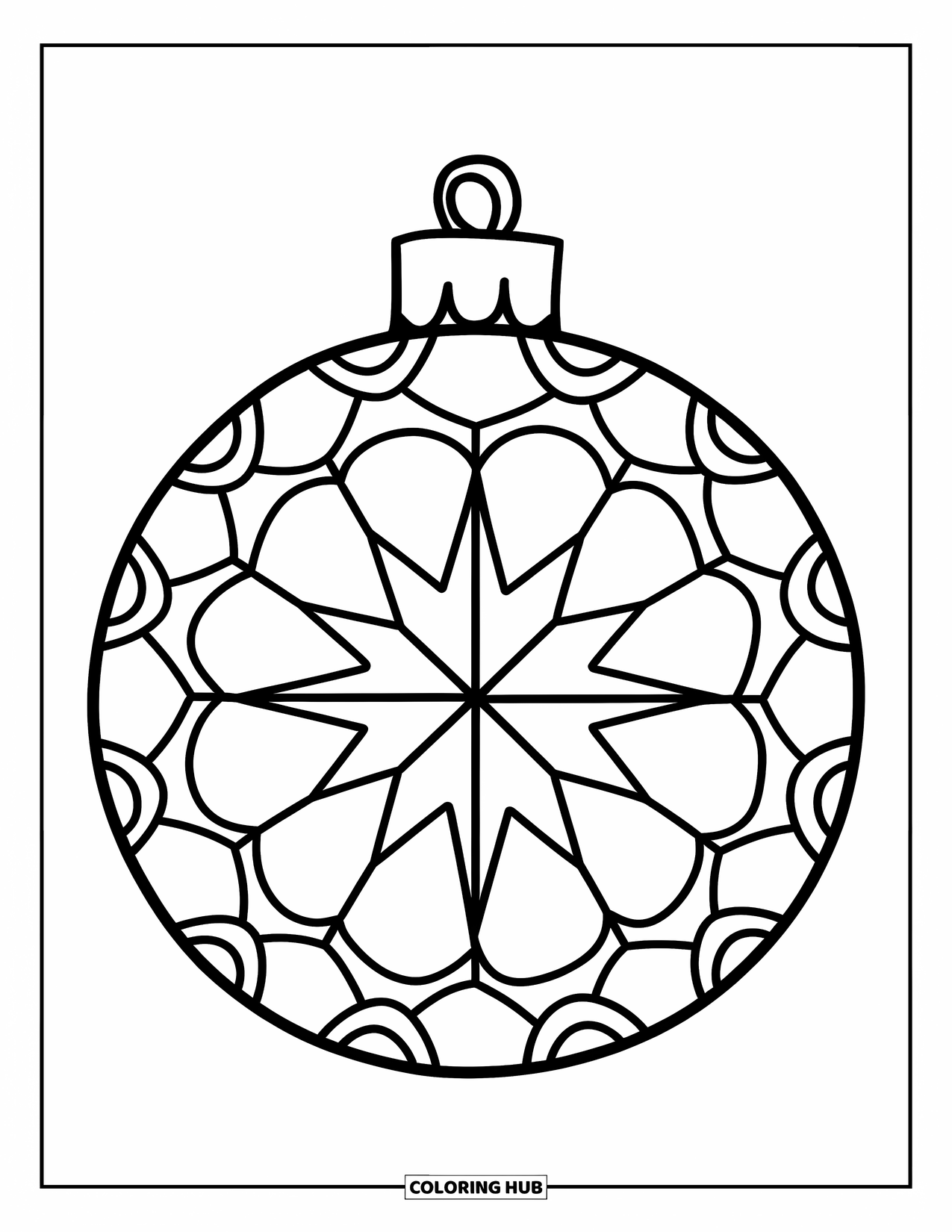 Ornament Coloring Page for Kids: Round ornament with scalloped edges and star center sits on white background