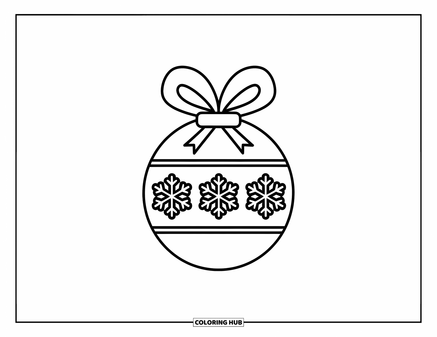 Ornament Coloring Page for Kids: Round ornament with three snowflakes and a ribbon sits on white background