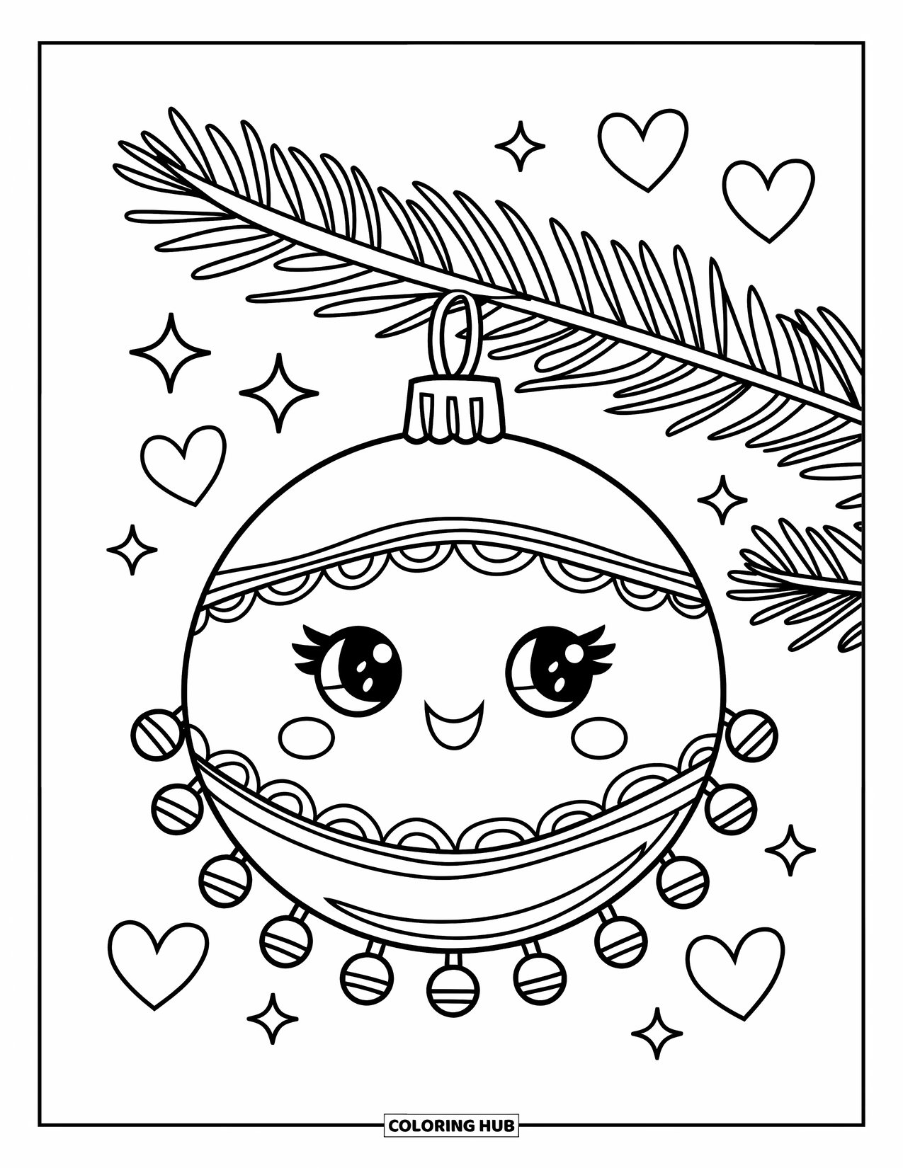 Ornament Coloring Page for Kids: Scalloped ornament with hearts and stars dangles from a branch