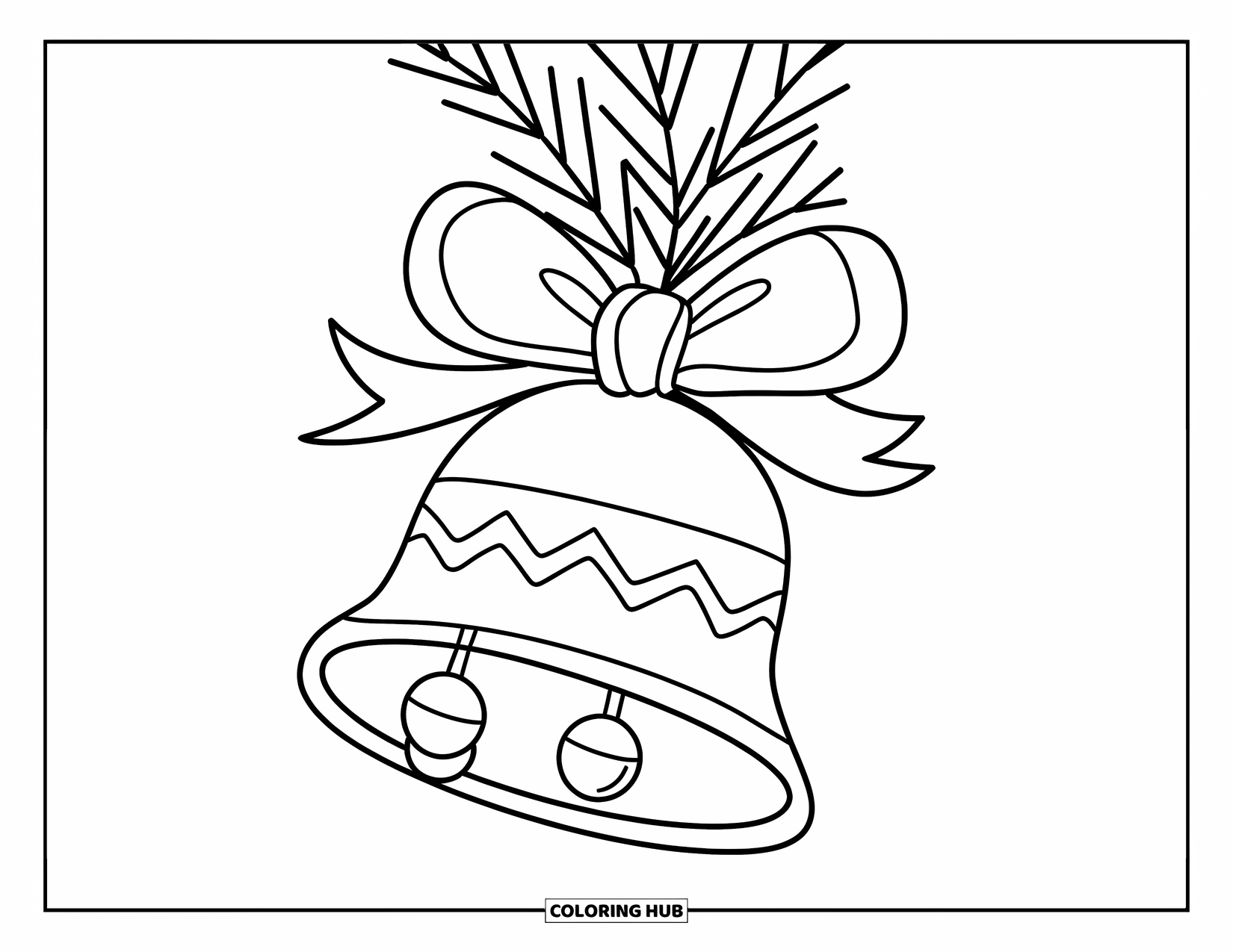 Ornament Coloring Page for Kids: Simple bell ornament with bow and jingles has a cheerful look