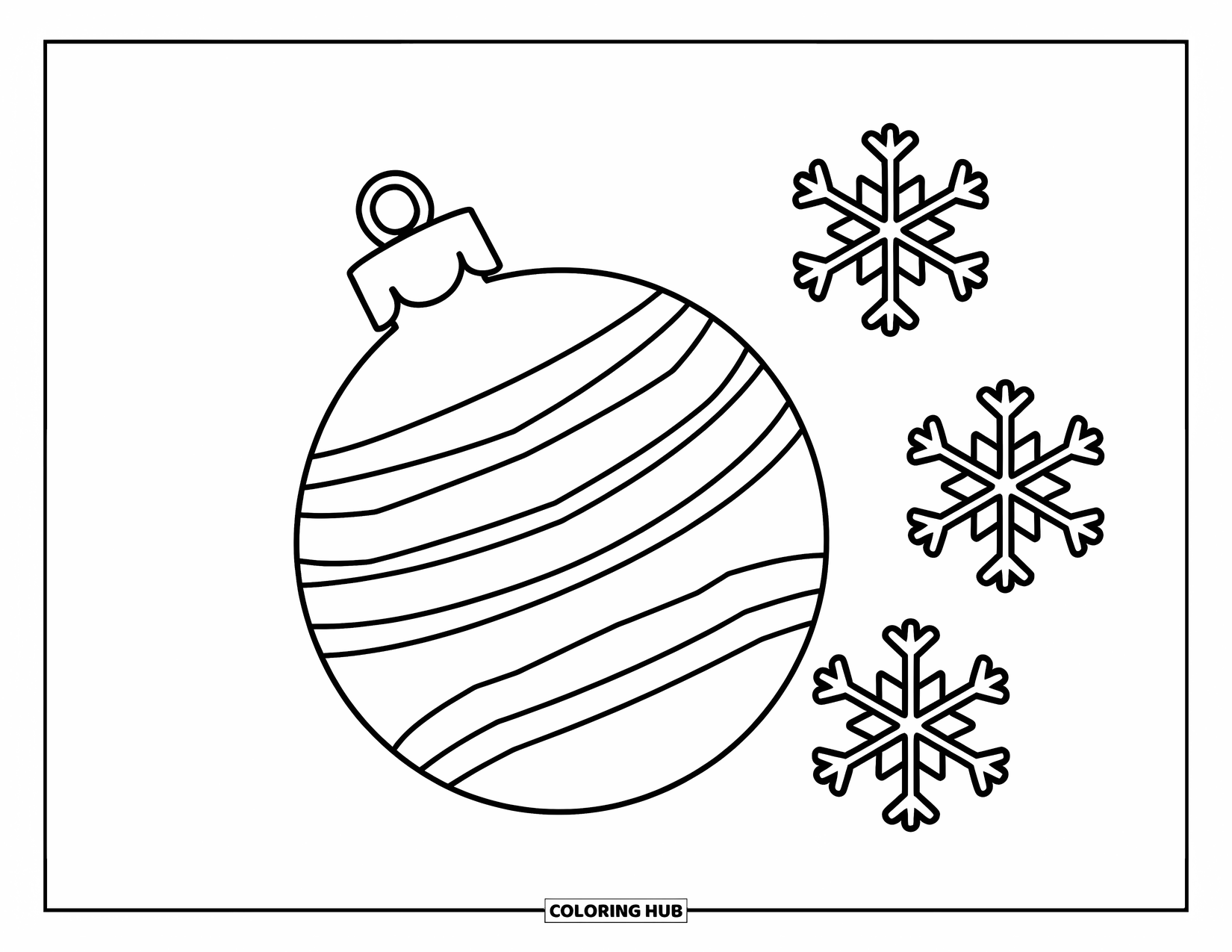 Ornament Coloring Page for Kids: Simple round ornament with snowflakes shines on a clean page