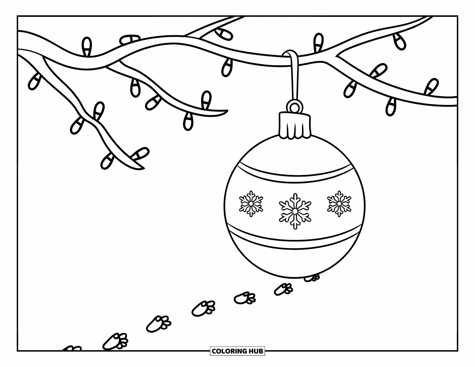 Ornament Coloring Page for Kids: Snowflake ornament hangs near footprints and glowing lights
