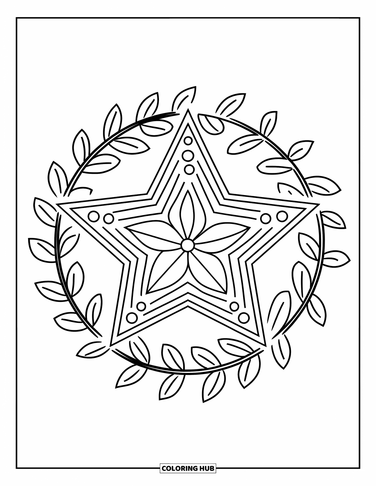 Ornament Coloring Page for Kids: Star ornament with leaf circle and a flower center rests on a clean page