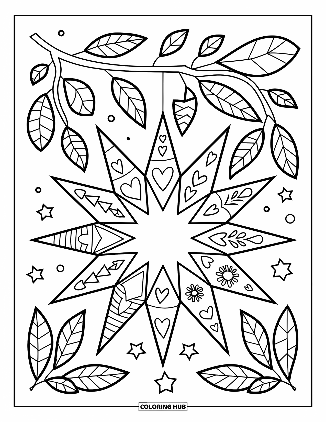 Ornament Coloring Page for Kids: Starburst ornament with hearts and flowers hangs on a leafy branch