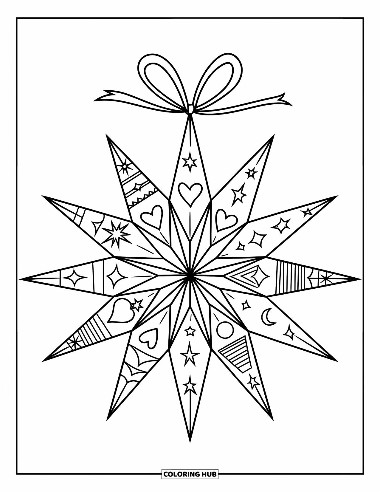 Ornament Coloring Page for Kids: Starburst ornament with hearts and moons hangs from a red ribbon