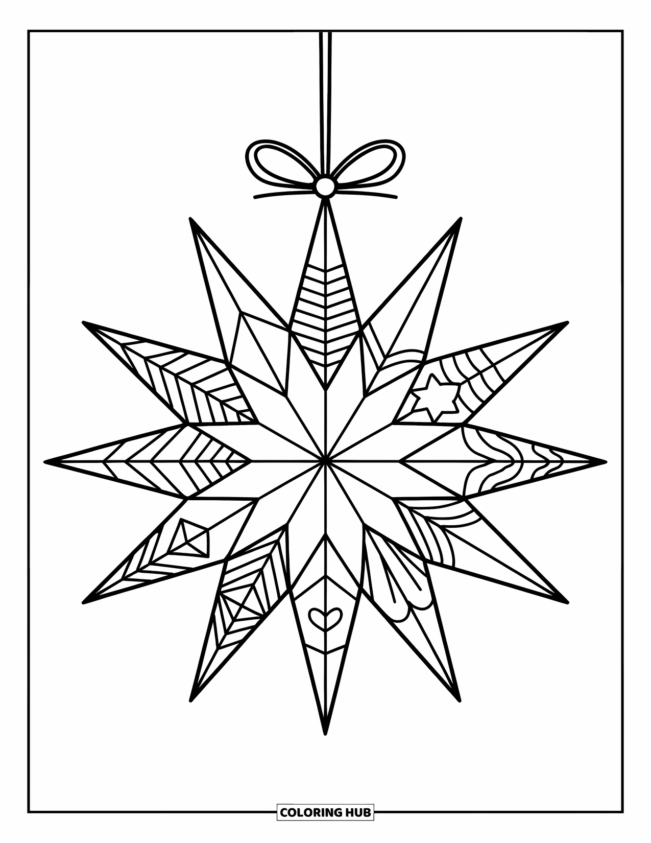Ornament Coloring Page for Kids: Starburst ornament with patterned arms hangs from a branch